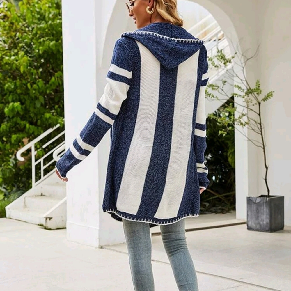 NEW Navy Open Front Color Block Hooded Cardigan Sw - Picture 4 of 9